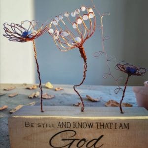 3 Copper flowers with white & blue beads